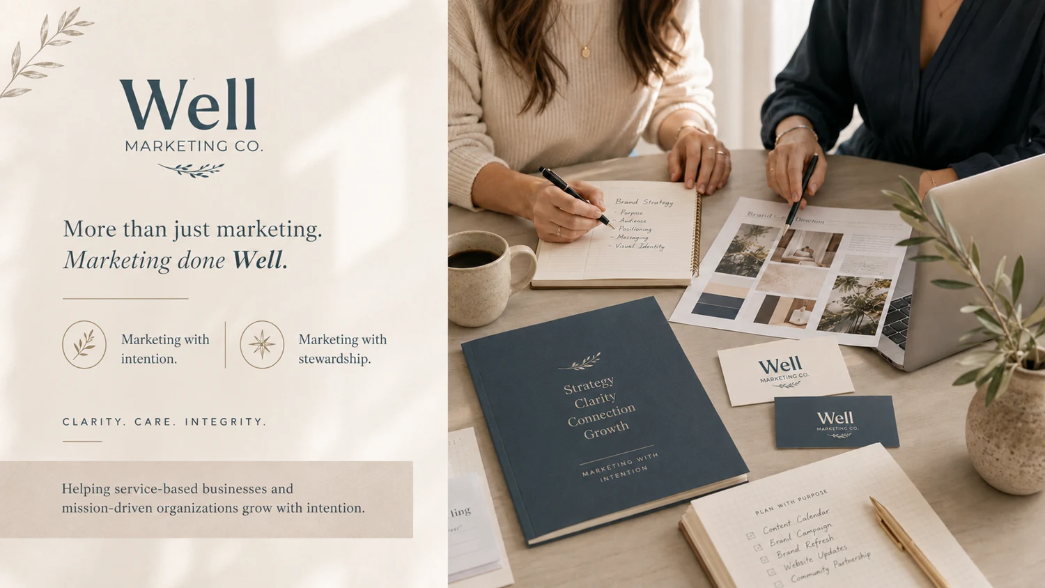 Well Marketing Co. printed brand materials in a natural, textured setting.